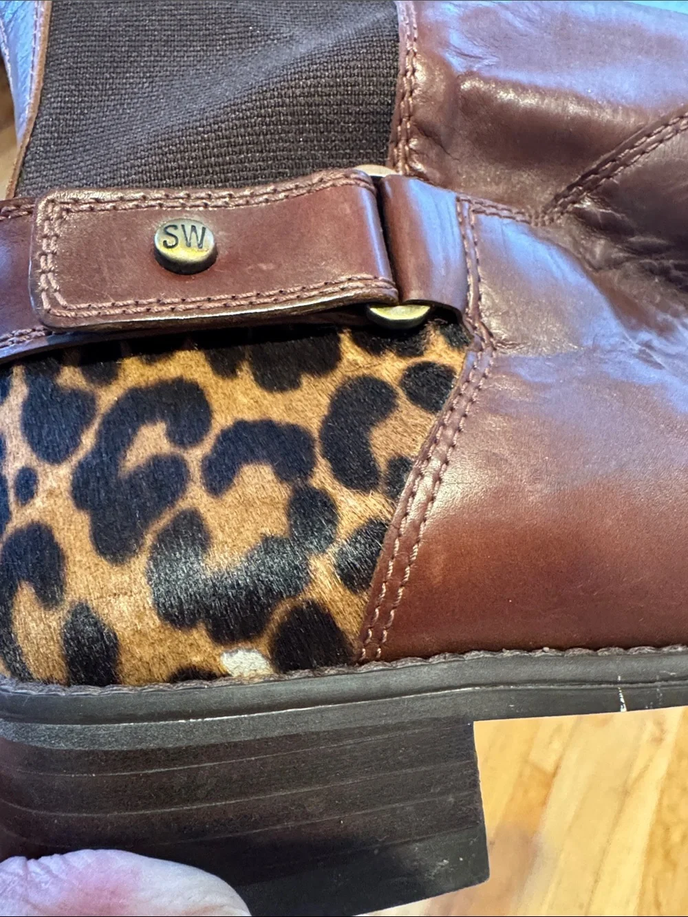 Women's Brown Leather Knee-High Riding Boots with Leopard Accent Stuart Weitzman